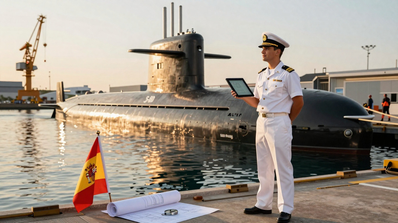 Marinheiro em uniforme branco observa projeto com submarino e bandeira da Espanha ao fundo em porto.