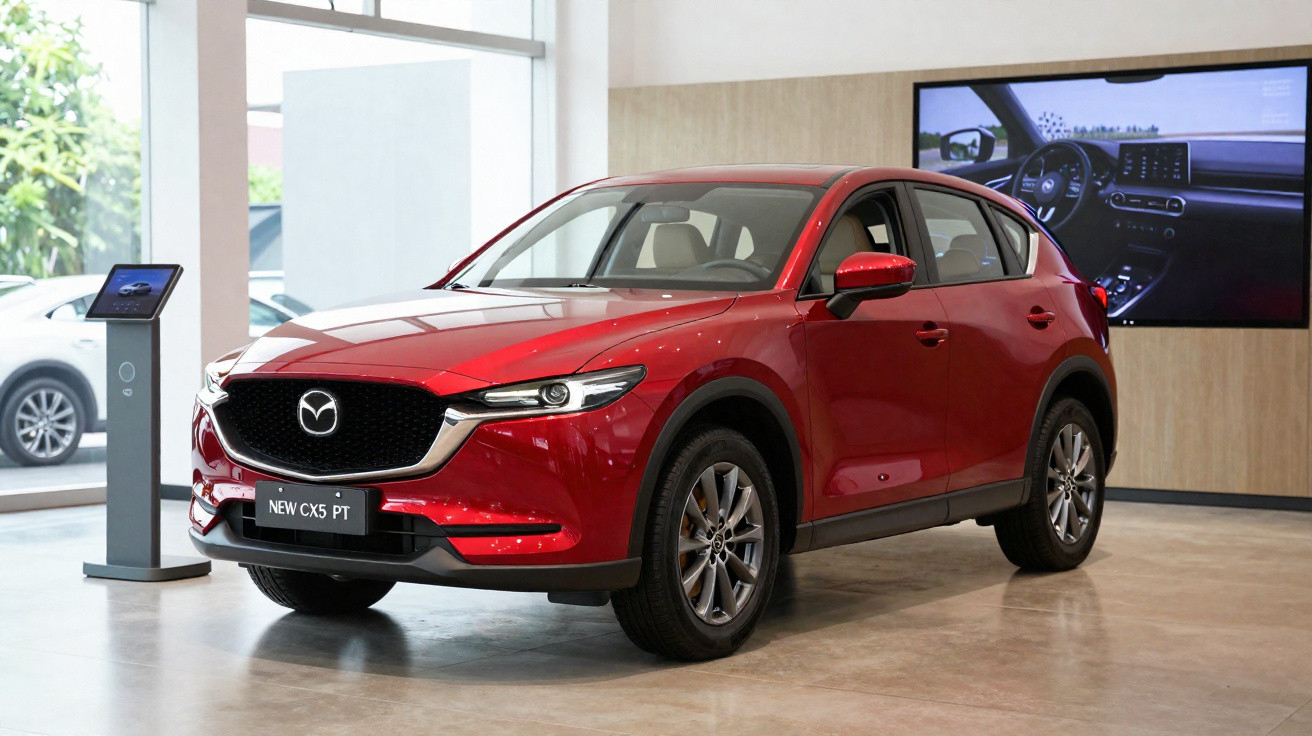 Carro SUV vermelho Mazda CX-5 exibido em showroom moderno com piso cinza e painel eletrônico atrás.