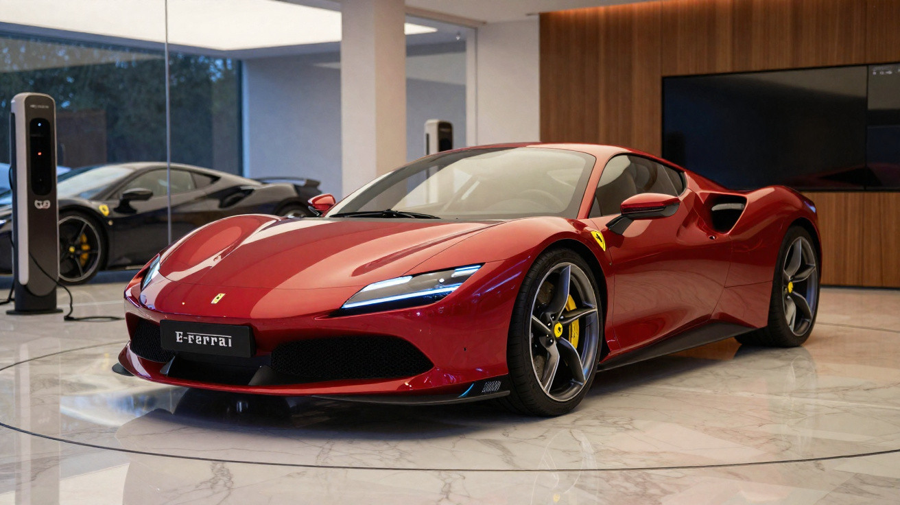 Carro esportivo Ferrari vermelho brilhante exposto em ambiente interno com piso de mármore.