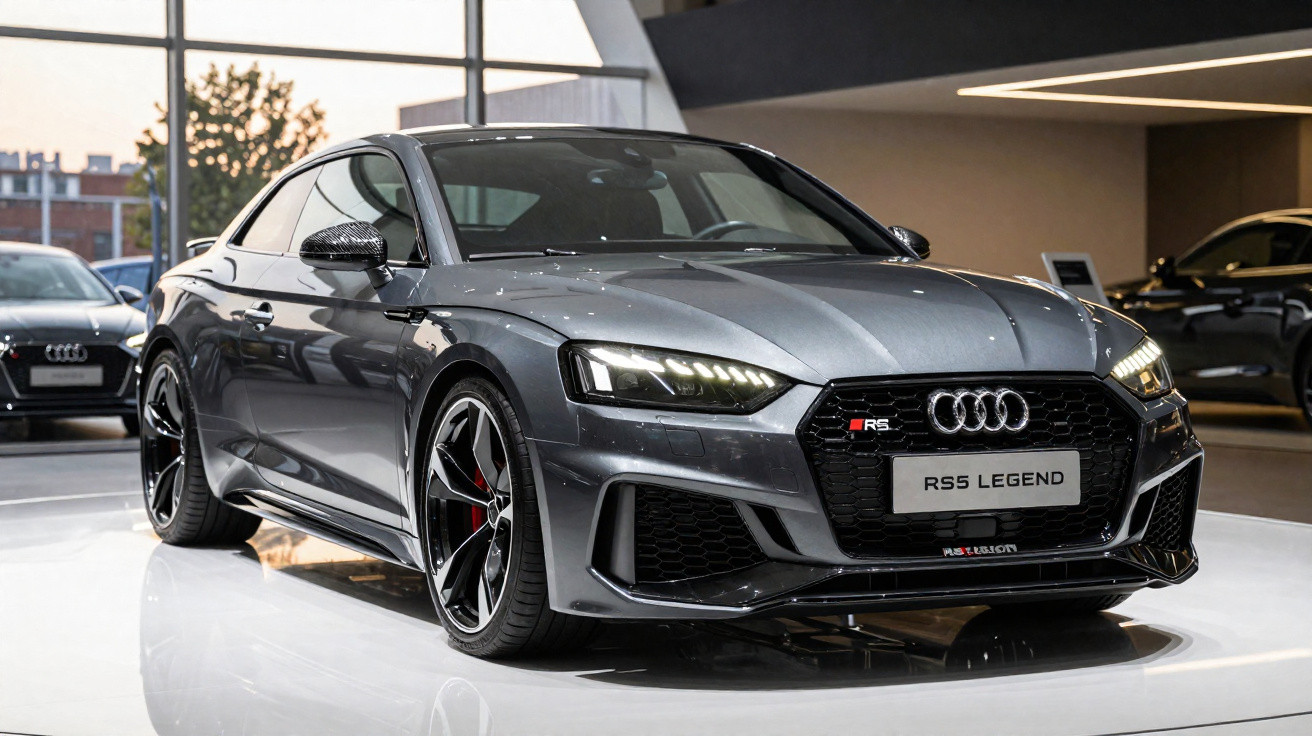 Carro esportivo Audi RS5 Legend cinza exposto em showroom moderno com iluminação natural.