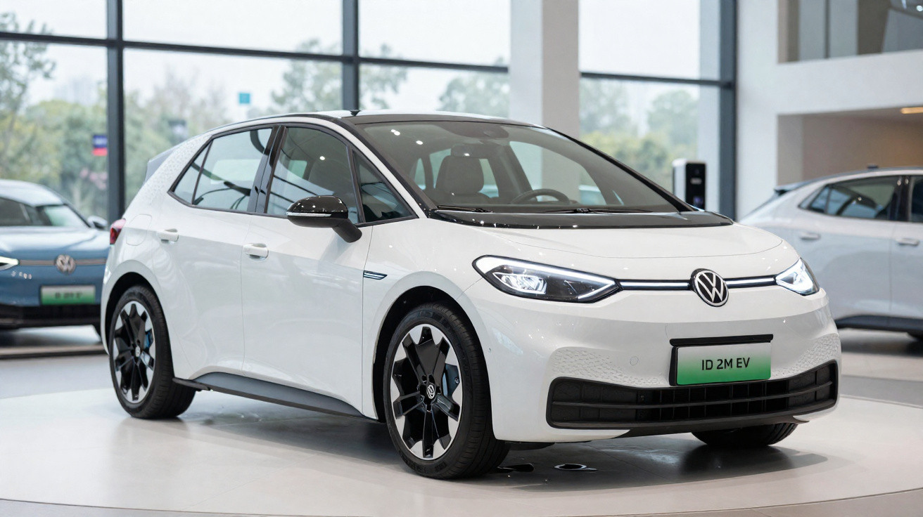 Carro elétrico branco Volkswagen ID 2M EV em exposição dentro de showroom moderno.