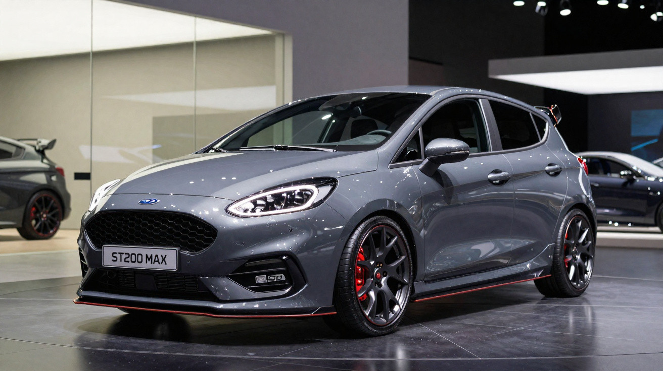 Carro hatch cinza metálico com rodas esportivas pretas e detalhes em vermelho exposto em salão.