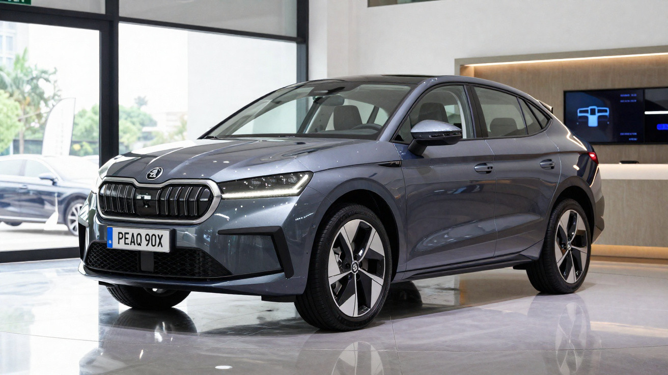 Carro elétrico cinza escuro Škoda Enyaq PEQ 90X exposto em showroom moderno com piso brilho.