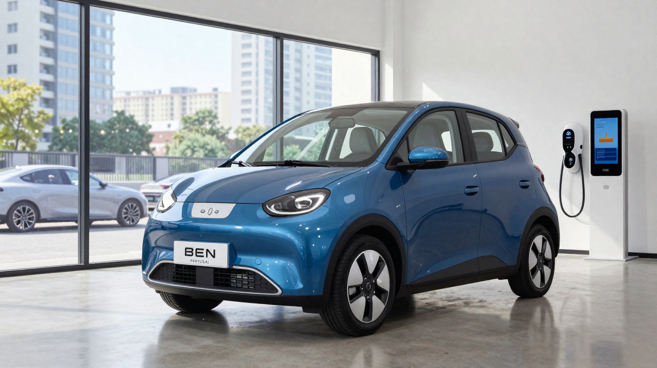 Carro elétrico azul estacionado em showroom moderno com estação de recarga ao lado e vista urbana ao fundo.
