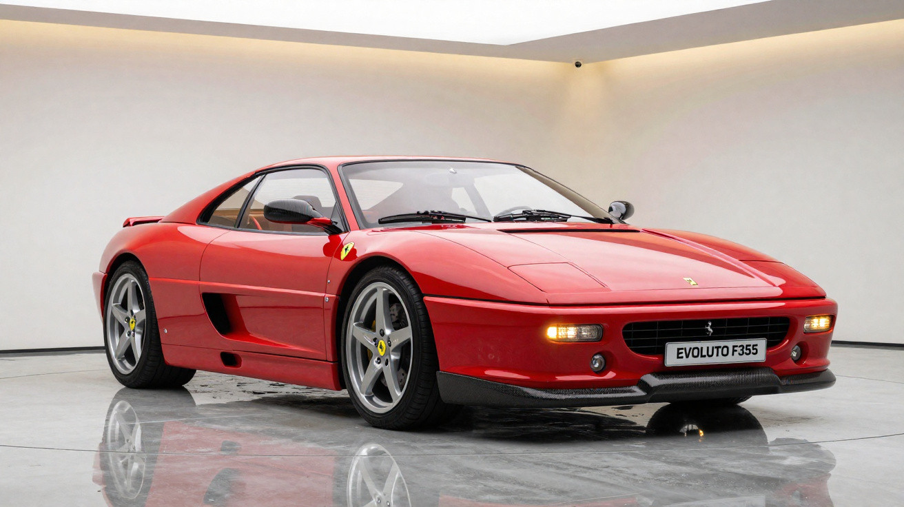 Carro esportivo vermelho Ferrari Evoluto F355 estacionado em sala branca com chão reflexivo.