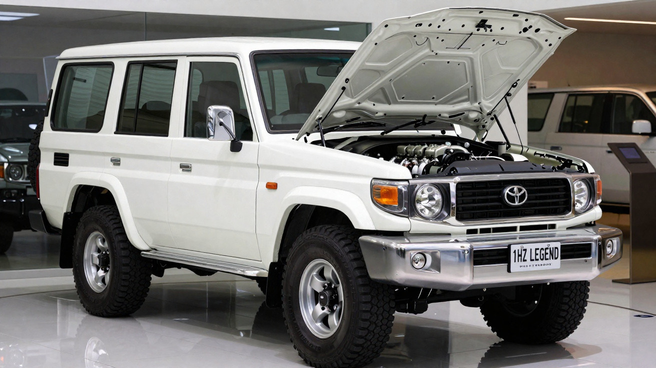 Carro off-road branco Toyota 1HZ Legend com capô aberto exibindo o motor em ambiente interno.