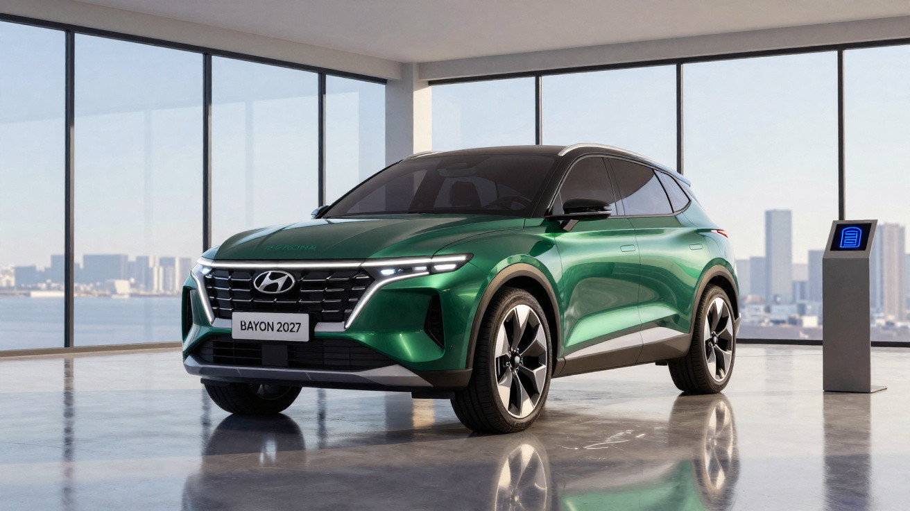 Carro SUV Hyundai Bayon 2027 verde em showroom moderno com janelas amplas e vista urbana ao fundo.