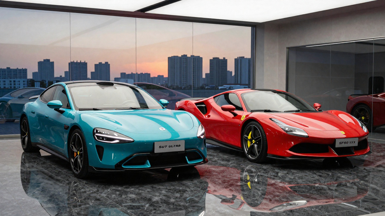 Dois carros esportivos, um azul e um vermelho, exibidos num showroom moderno com vista urbana ao entardecer.