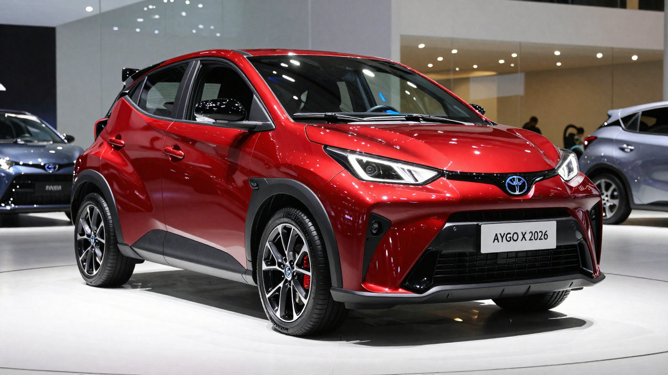 Carro compacto vermelho Toyota Aygo X 2026 em exposição interna com iluminação brilhante.