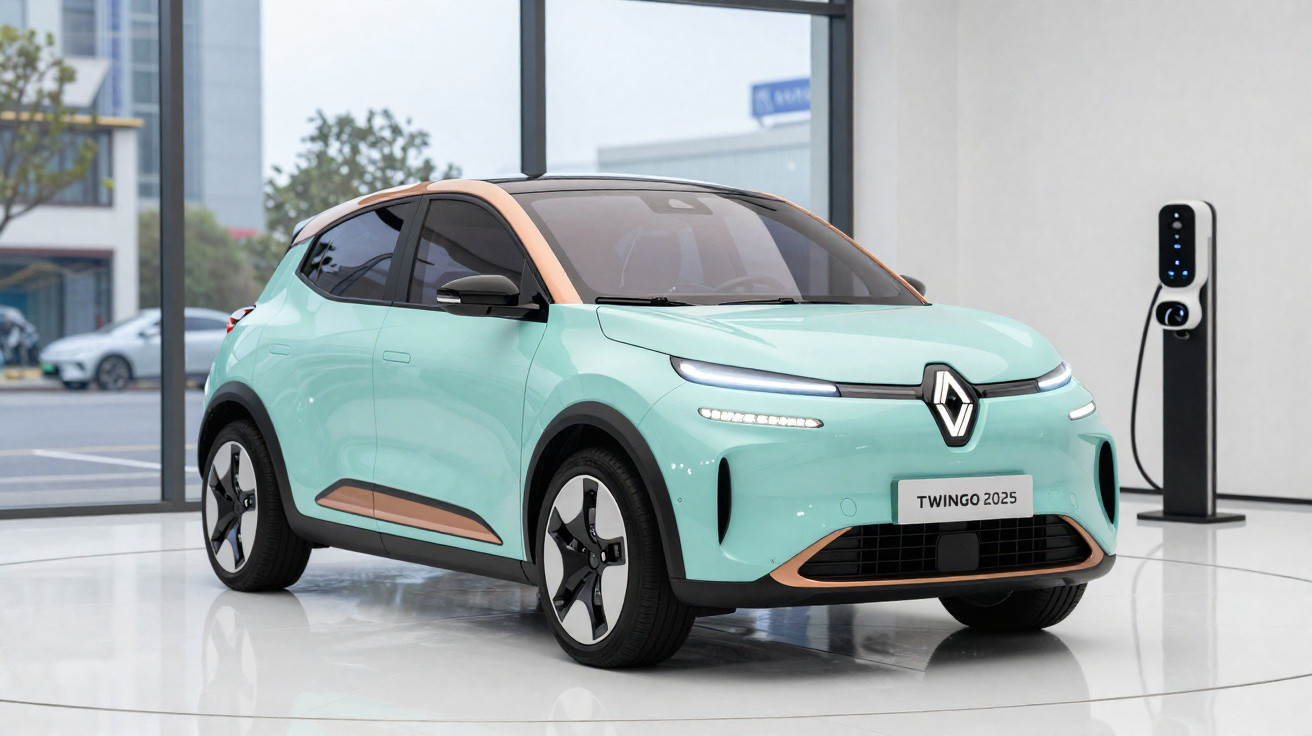 Carro elétrico Renault Twingo 2025 verde água em showroom com estação de recarga ao fundo.