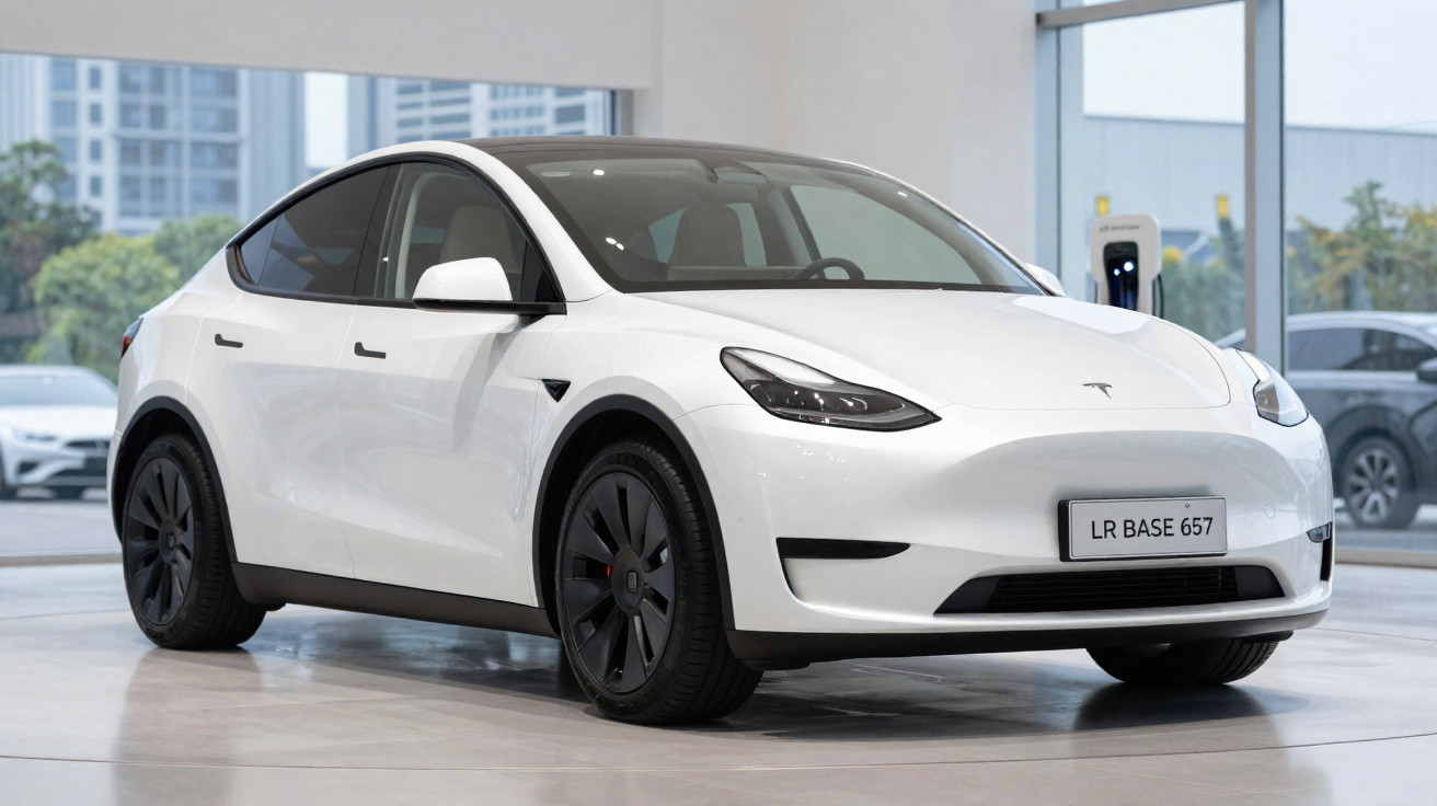 Carro elétrico branco Tesla Model Y estacionado em showroom com carregador ao fundo.
