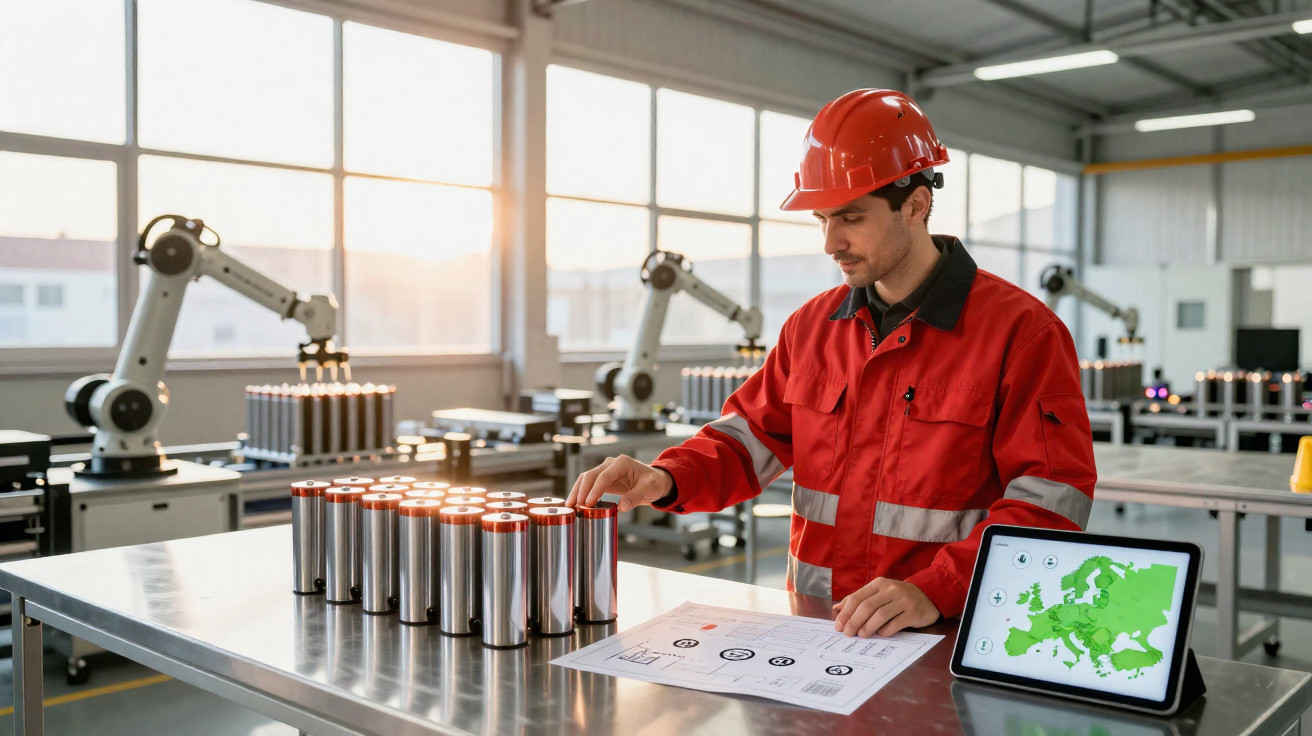 Homem com capacete vermelho verifica baterias industriais em laboratório com braços robóticos ao fundo.