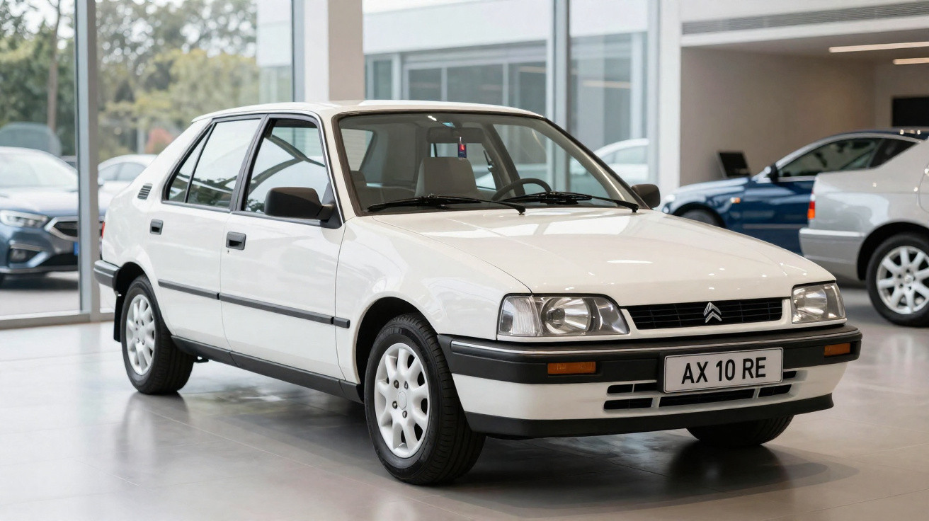 Carro Citroën AX 10 RE branco estacionado em showroom com piso cinza e outras peças ao fundo.