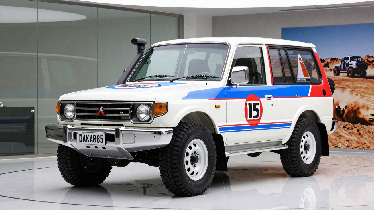Carro Mitsubishi Pajero branco com detalhes em azul e vermelho e número 15, exposto em ambiente interno.