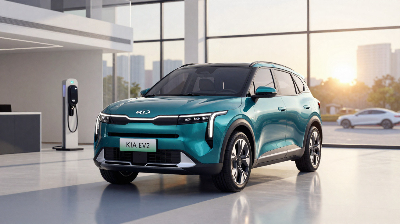 SUV elétrico Kia EV2 azul em showroom moderno com carregador elétrico ao fundo.