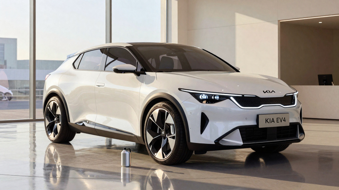 Carro elétrico branco Kia EV4 estacionado em showroom moderno com piso reflexivo e janelas grandes.