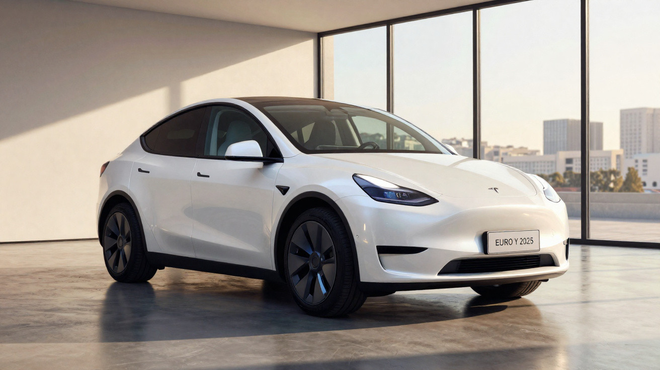 Carro elétrico branco Tesla modelo Y 2025 em ambiente interno com janelas grandes e vista urbana.