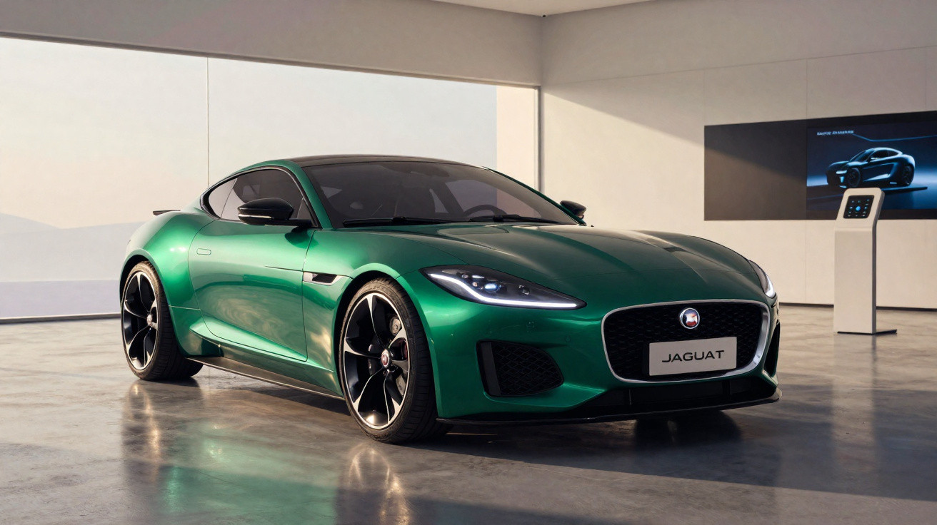 Carro esportivo Jaguar verde brilhante estacionado em ambiente moderno e iluminado.
