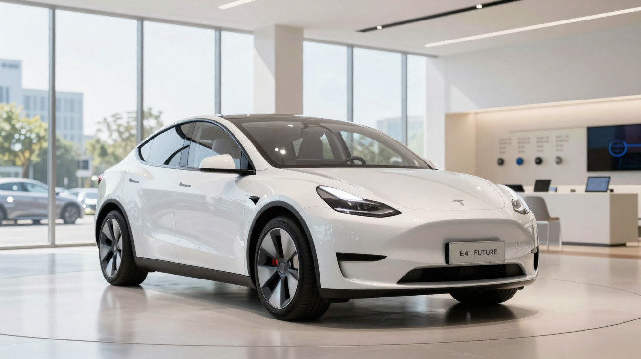 Carro elétrico branco Tesla Model Y exposto em showroom moderno com painéis de vidro ao fundo.