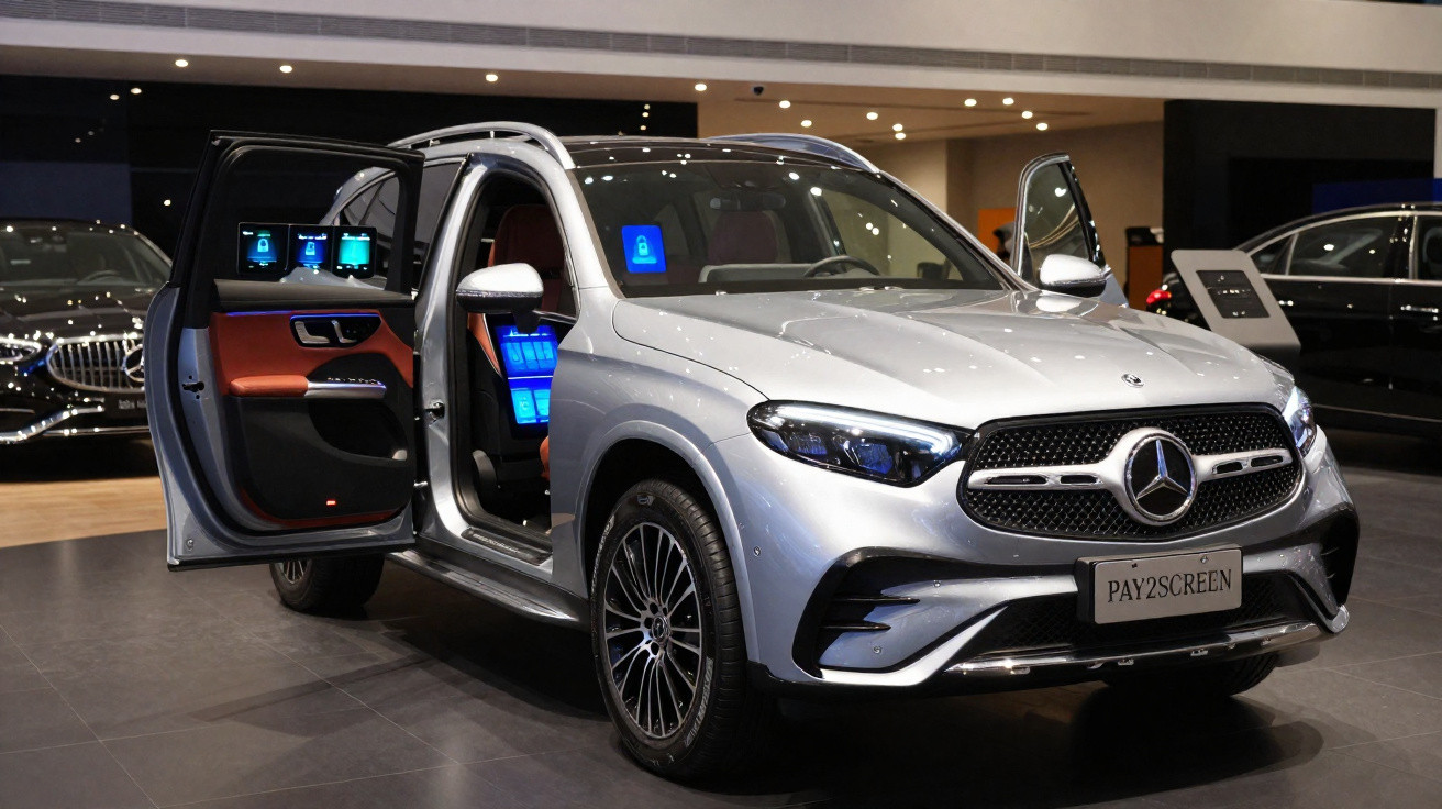 Carro SUV Mercedes-Benz prata com portas dianteira e traseira abertas em showroom iluminado.