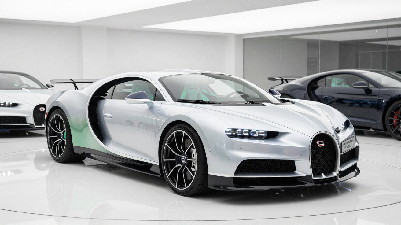 Carro esportivo Bugatti Chiron prata em exposição interna com outros carros ao fundo.