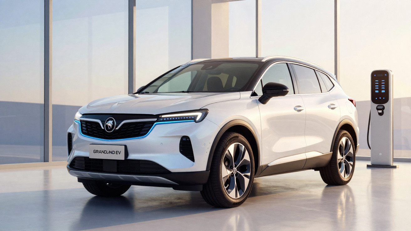 SUV elétrico branco Grandland EV estacionado em ambiente moderno com estação de recarga ao fundo.