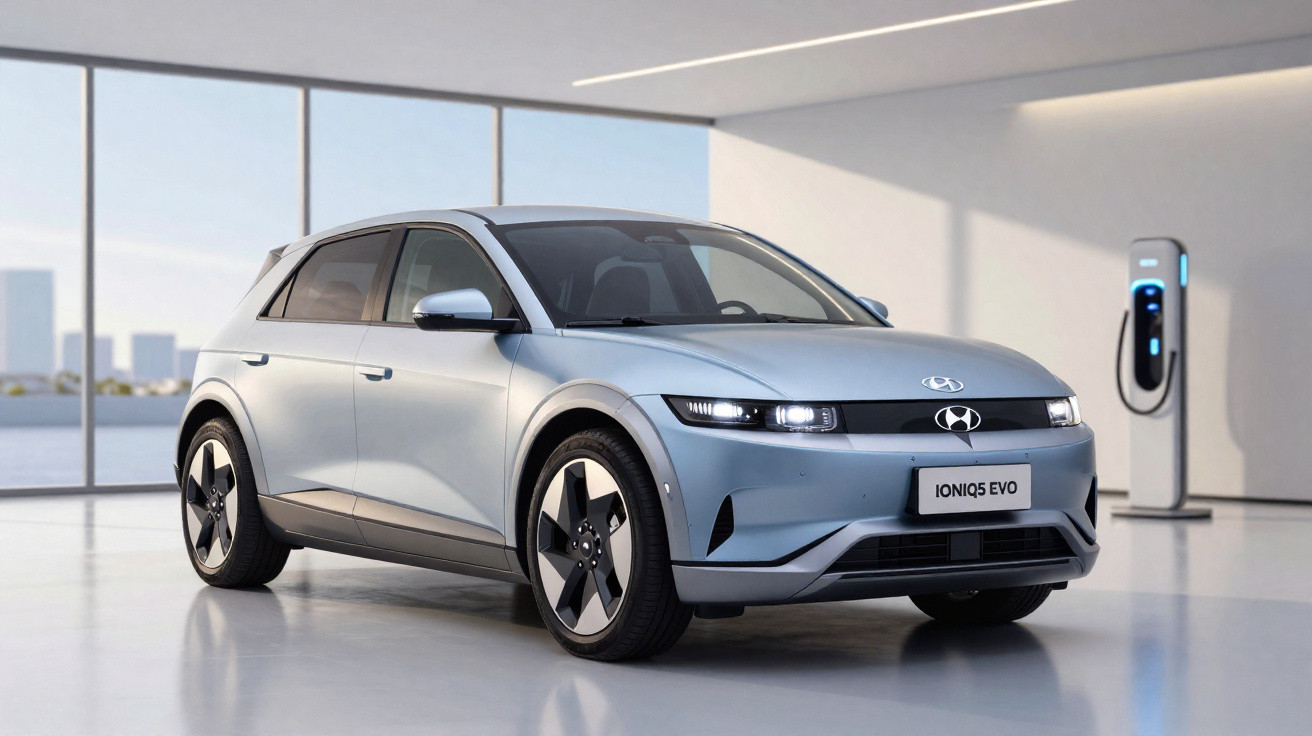 Carro elétrico Hyundai Ioniq 5 Evo prata estacionado em ambiente interno moderno com carregador elétrico.