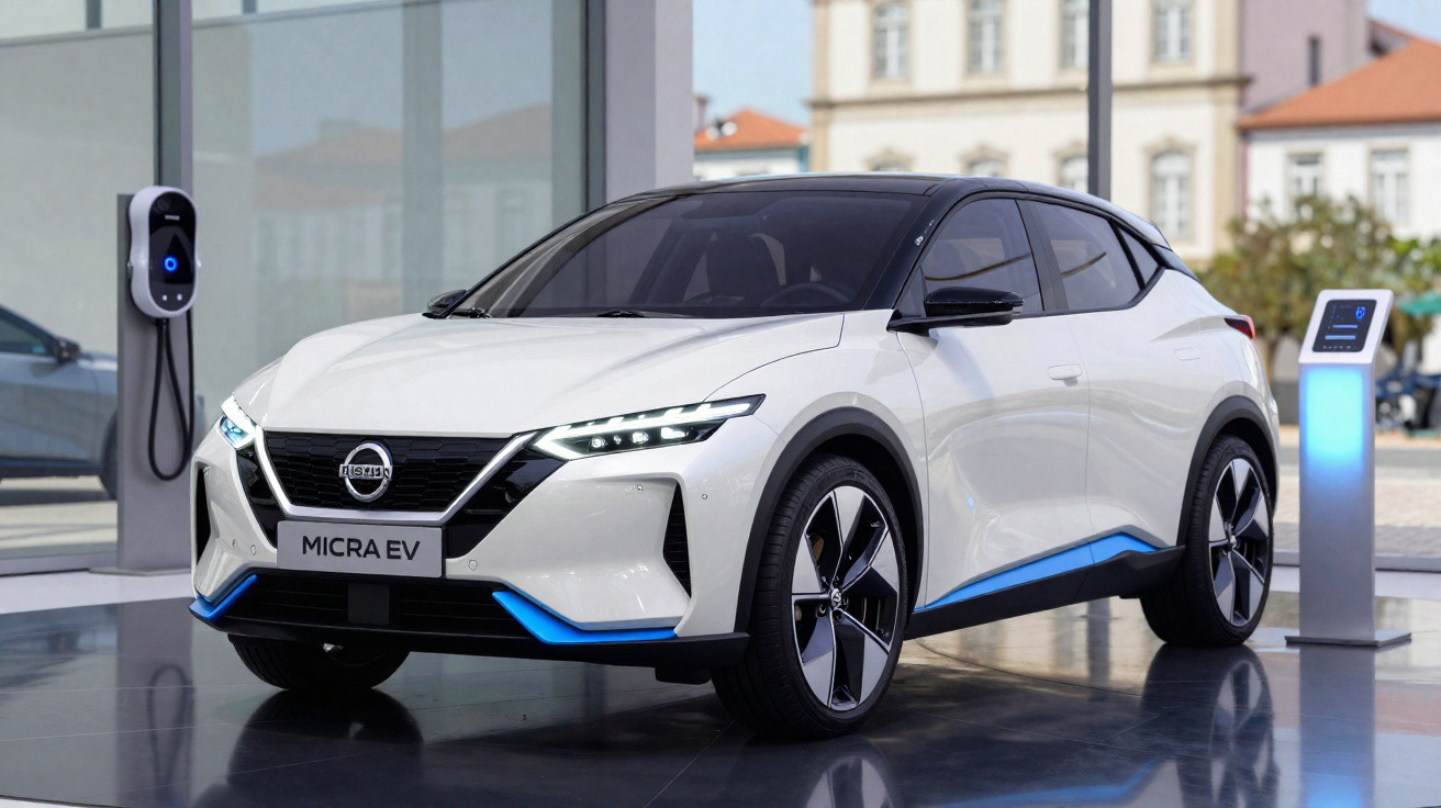 Carro elétrico branco Nissan Micra EV estacionado em exposição com carregador ao lado.