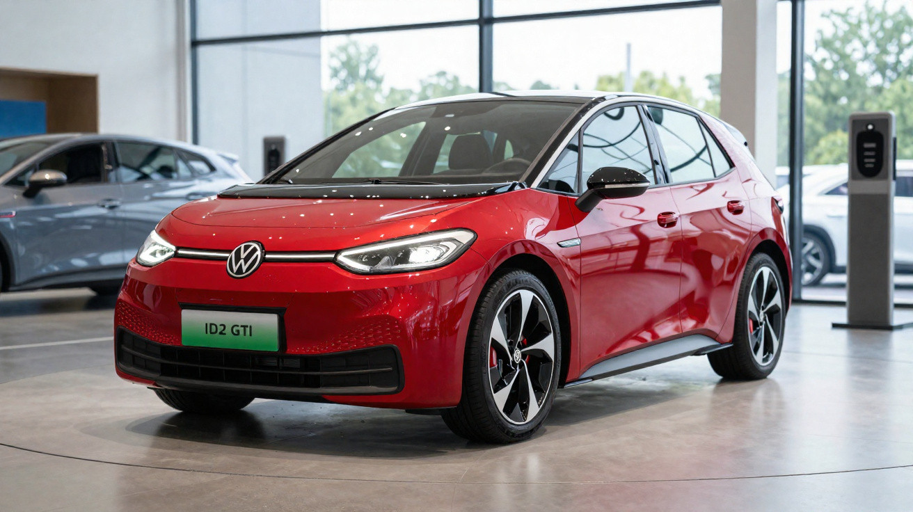 Carro elétrico Volkswagen ID.2 GTI vermelho em showroom moderno com vidros grandes ao fundo.