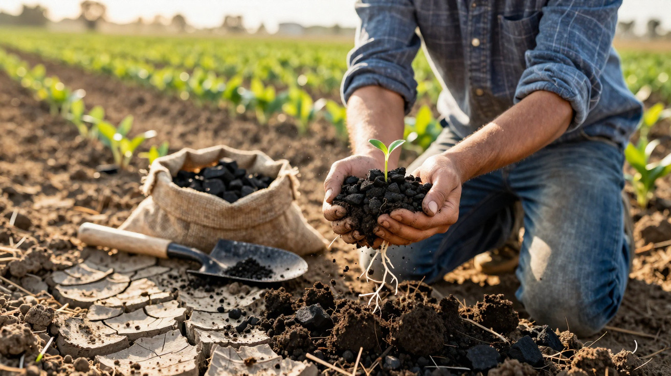 Pessoa usando camisa azul segura muda de planta com terra em solo agrícola seco com saco de adubo e pá ao lado.