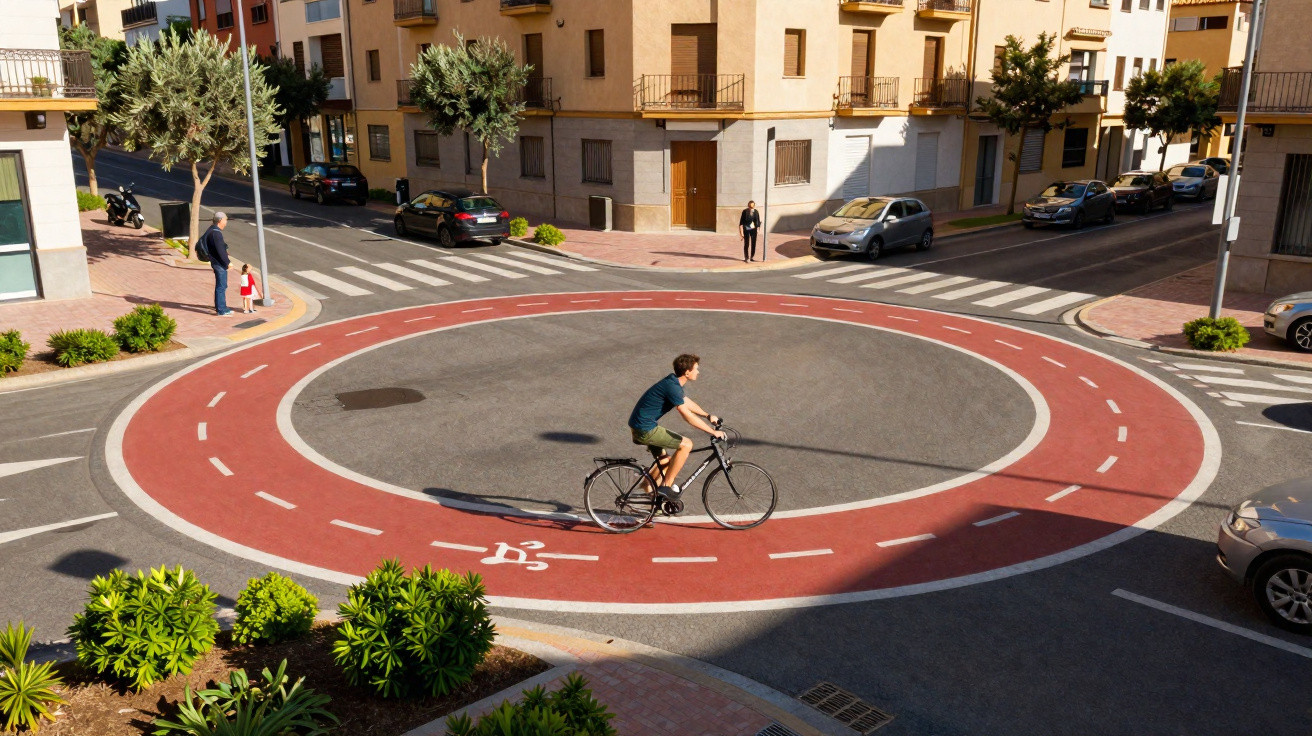 Homem andando de bicicleta em ciclofaixa vermelha circular no centro de rotatória em área urbana.