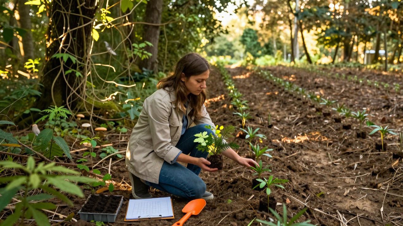 Mulher plantando mudas em área rural com ferramenta, prancheta e vasos próximos no chão.