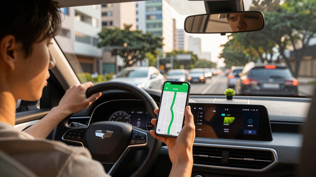 Pessoa dirigindo carro e segurando celular com aplicativo de navegação aberto em uma avenida urbana.