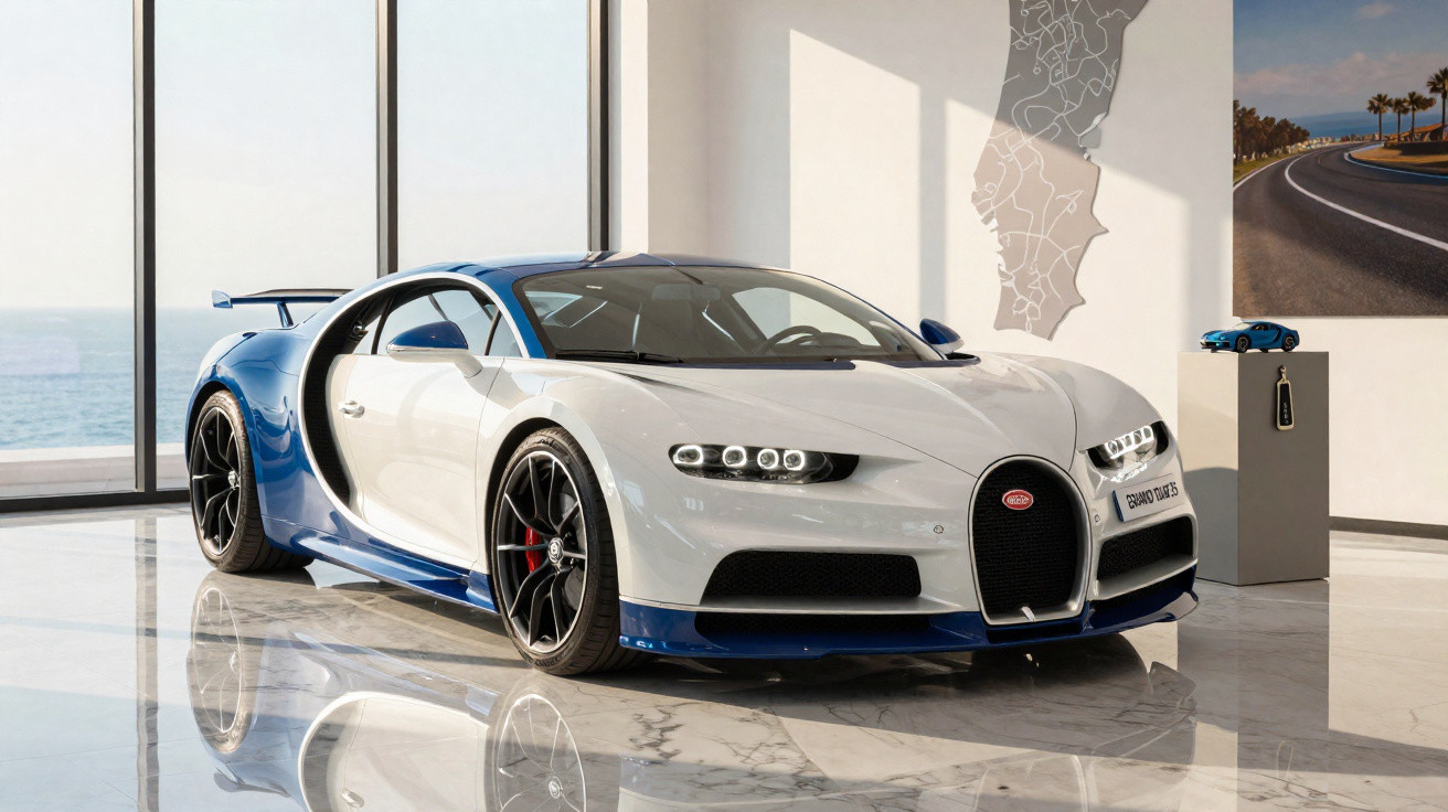 Carro esportivo Bugatti Chiron branco e azul exibido em salão moderno com piso de mármore.