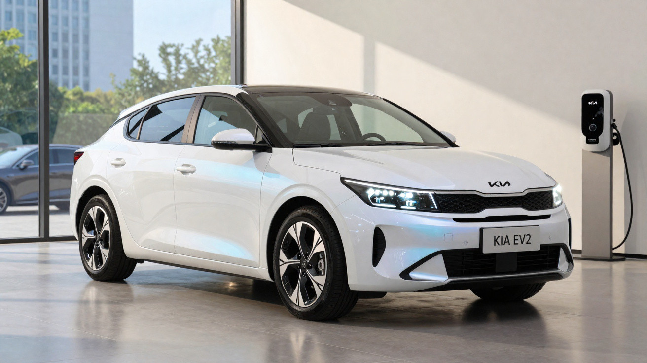 Carro elétrico branco Kia EV2 estacionado dentro de um ambiente moderno com carregador ao fundo.
