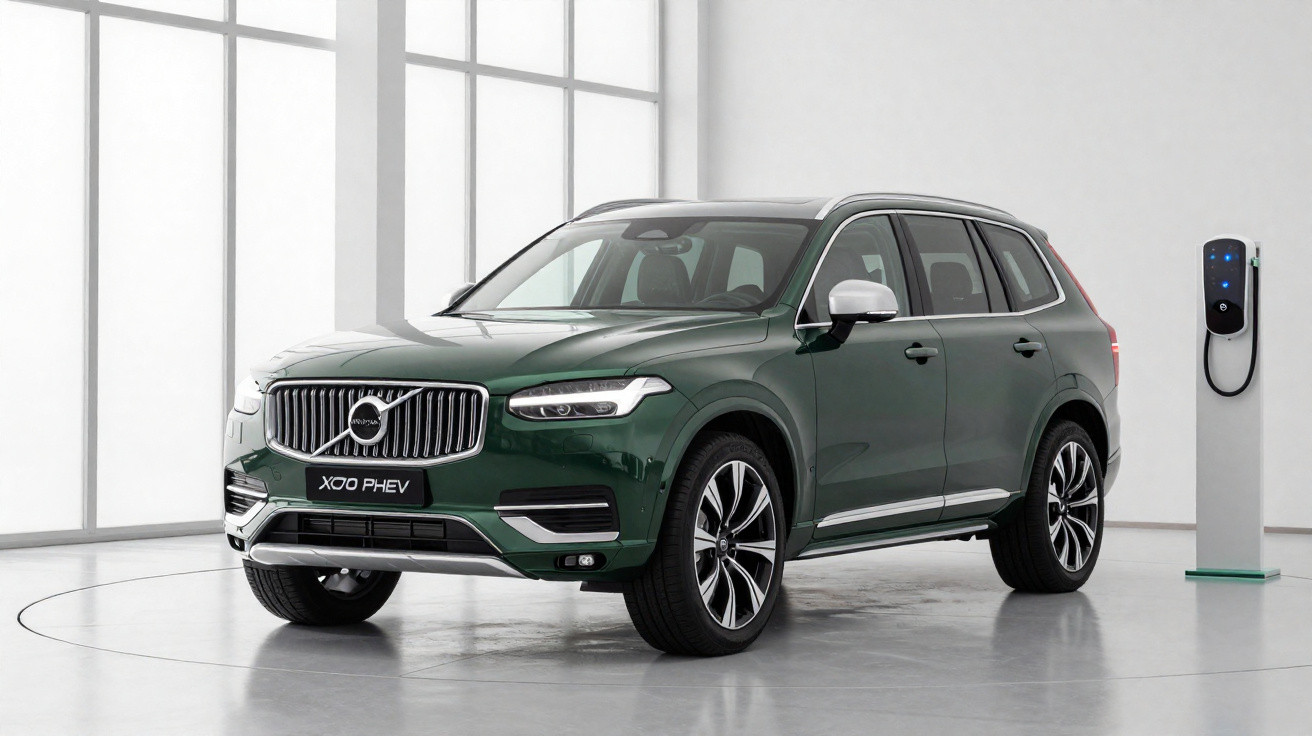 SUV verde Volvo XC90 PHEV estacionado em ambiente interno próximo a estação de recarga elétrica.