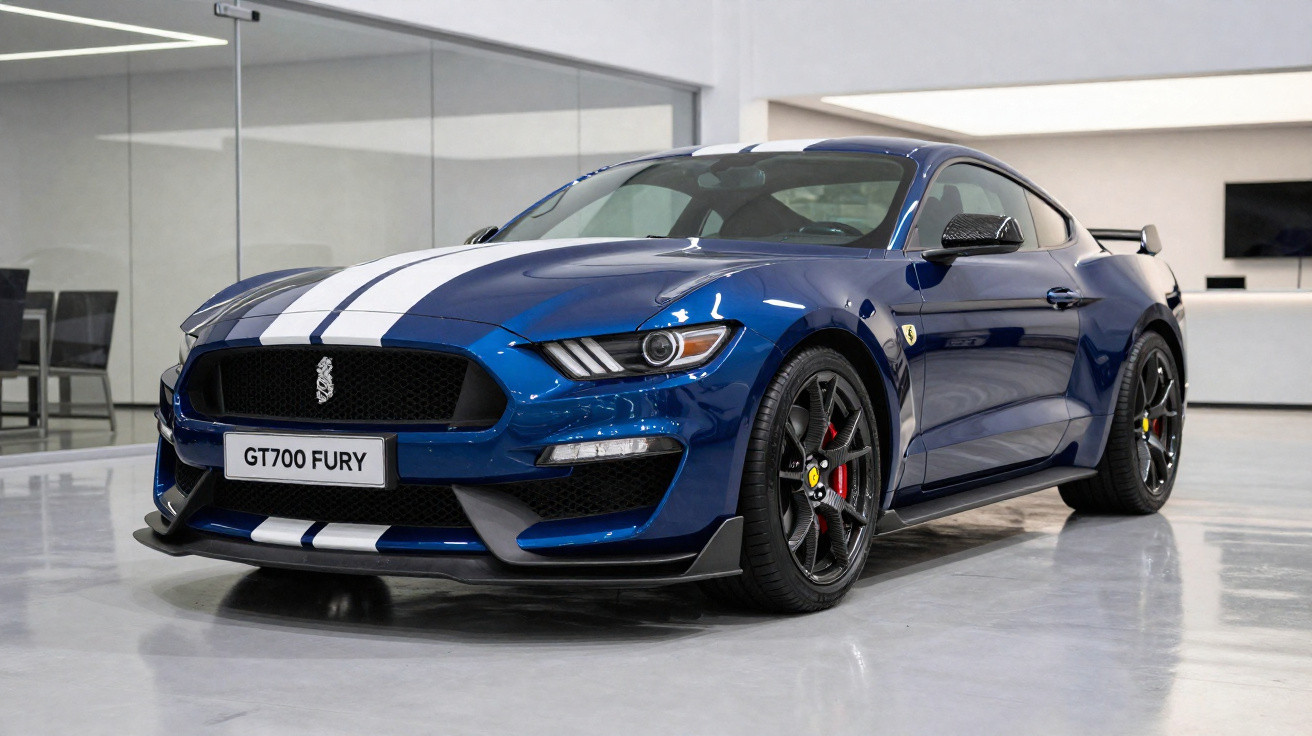 Carro esportivo azul GT700 Fury com faixas brancas estacionado em ambiente interno moderno.