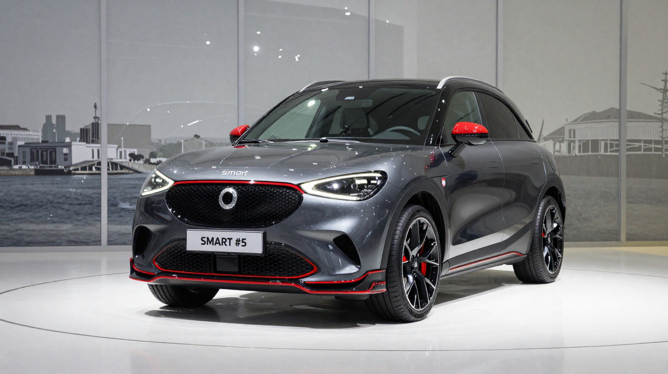 Carro elétrico cinza Smart #5 exibido em estande, detalhes vermelhos e rodas esportivas.