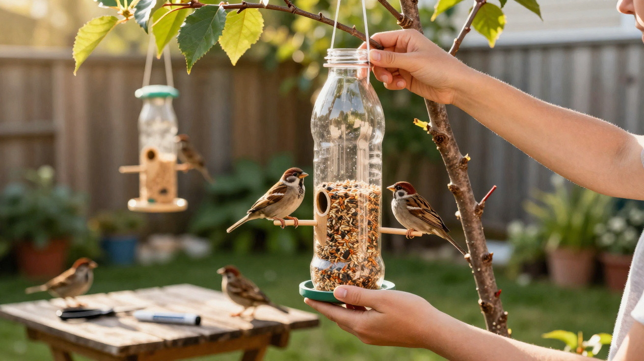 Mãos seguram comedouro de pássaros artesanal com sementes, pardais pousados em casa com jardim ao fundo.