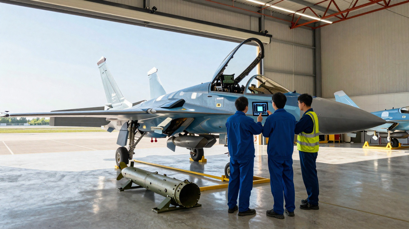 Três técnicos verificam painel eletrônico em caça militar cinza dentro de hangar iluminado.