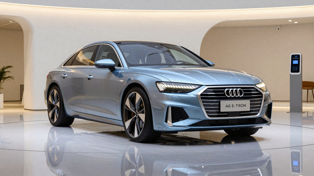 Carro elétrico Audi A5 E-Tron prata exibido em showroom moderno com piso branco e iluminação suave.