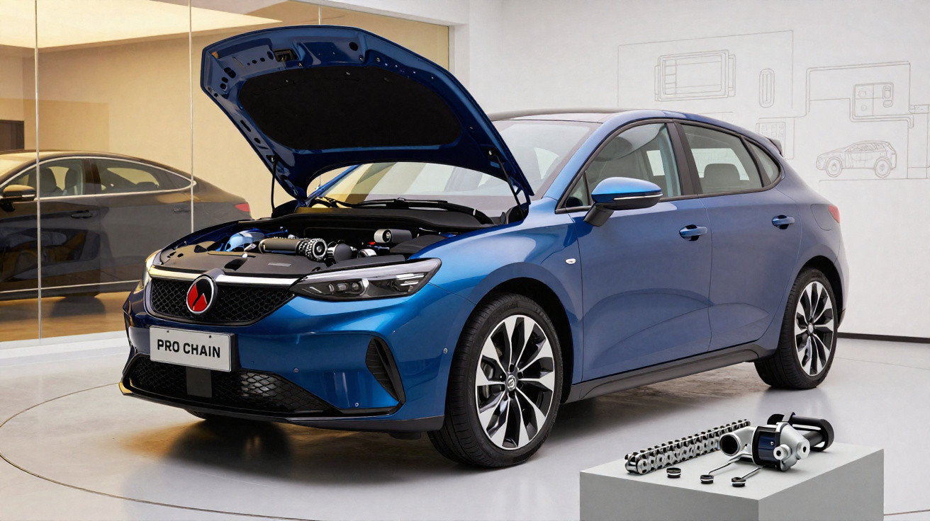 Carro azul com capô aberto exibindo motor em showroom moderno com peças expostas à frente.