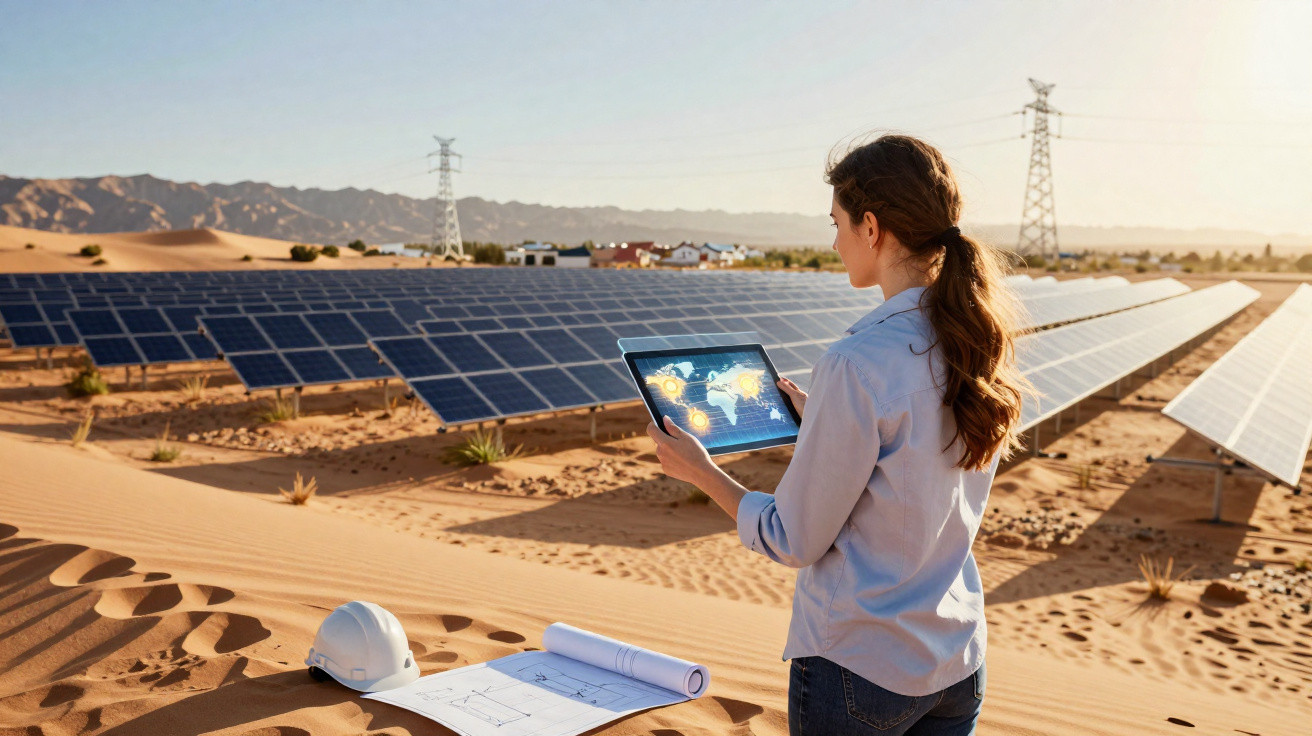 Mulher analisando mapa em tablet em usina solar no deserto com capacete e plantas solares ao fundo.
