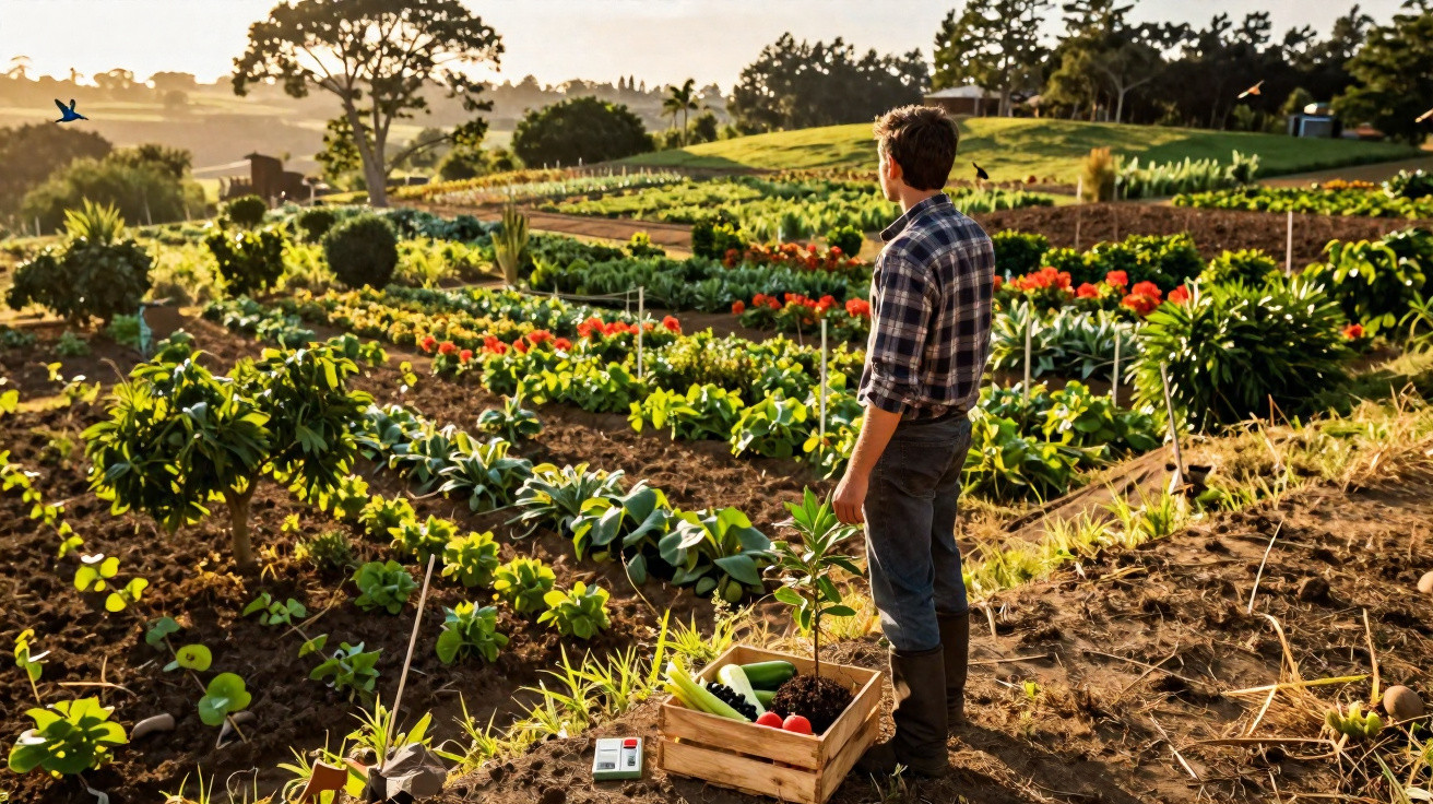 Homem observa plantação em campo ensolarado com caixas de verduras e legumes frescos ao lado.