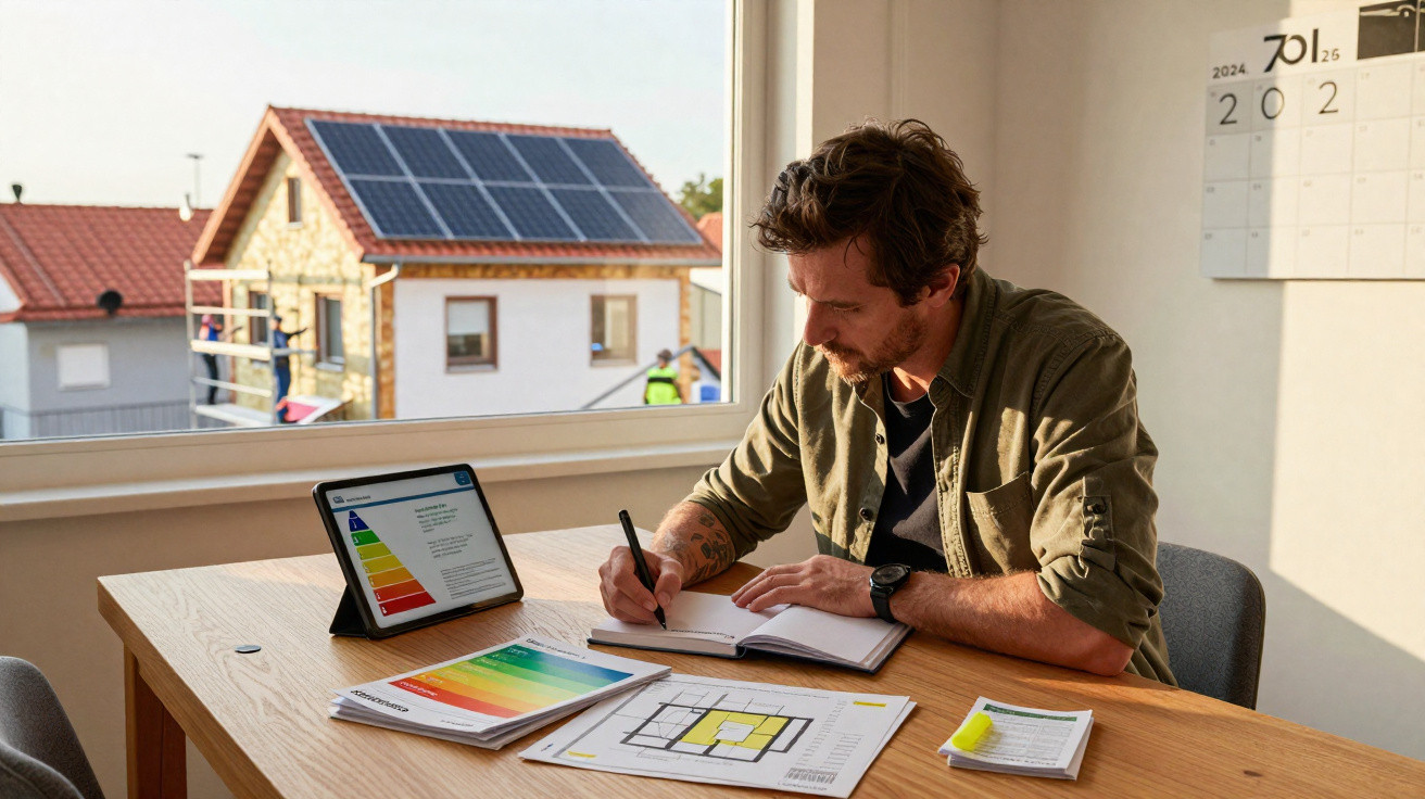 Homem sentado à mesa analisando documentos e gráficos sobre eficiência energética com casa solar ao fundo.