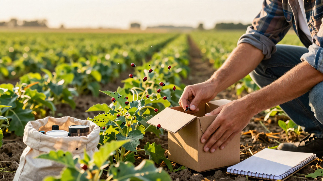 Agricultor colhendo frutos vermelhos em plantação, colocando em caixa de papelão ao amanhecer.