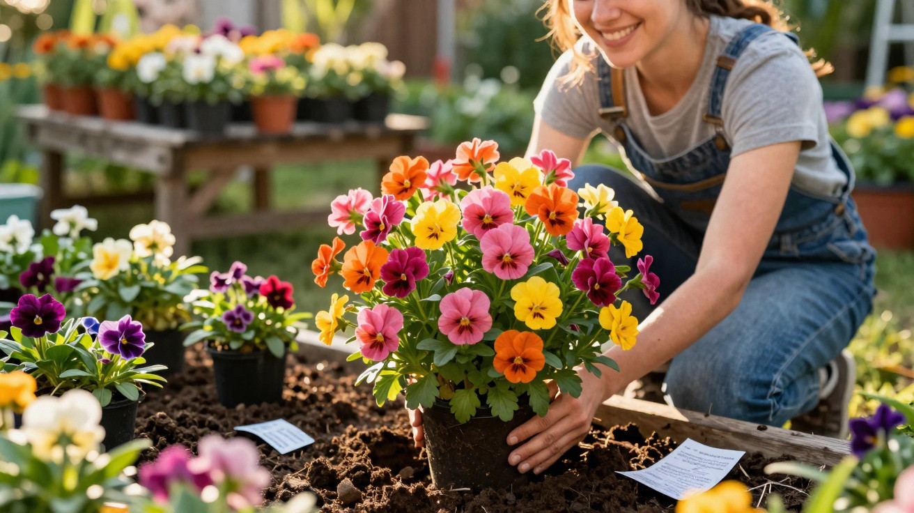 Mulher sorridente plantando flores coloridas em jardim ensolarado, cercada por vasos de plantas.