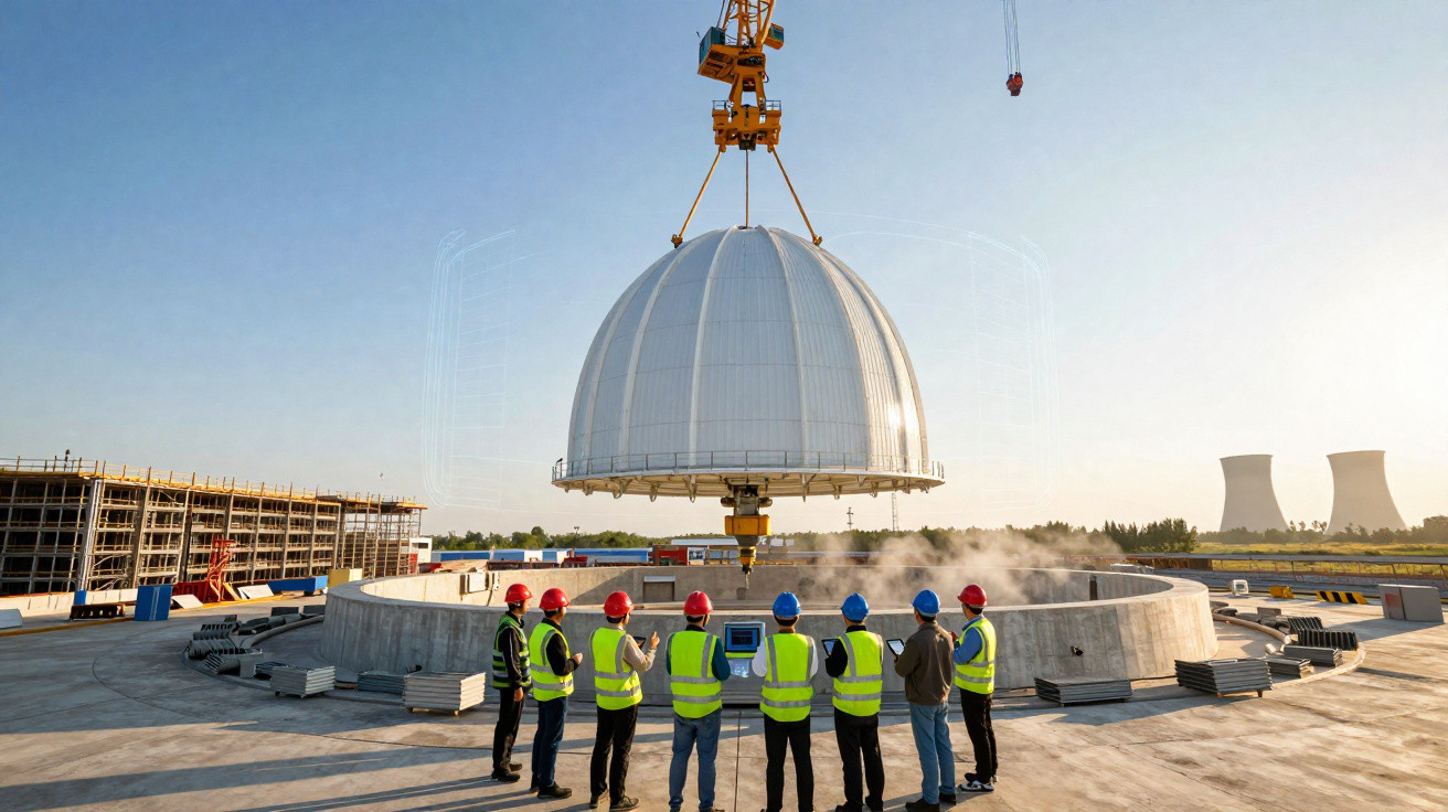 Equipe de engenheiros observa instalação de cúpula em usina com guindaste e estrutura de concreto.