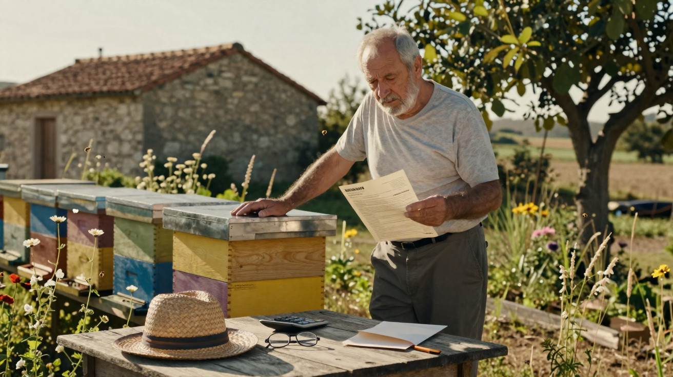 Homem idoso lendo documento próximo a colmeias coloridas em área rural ensolarada.