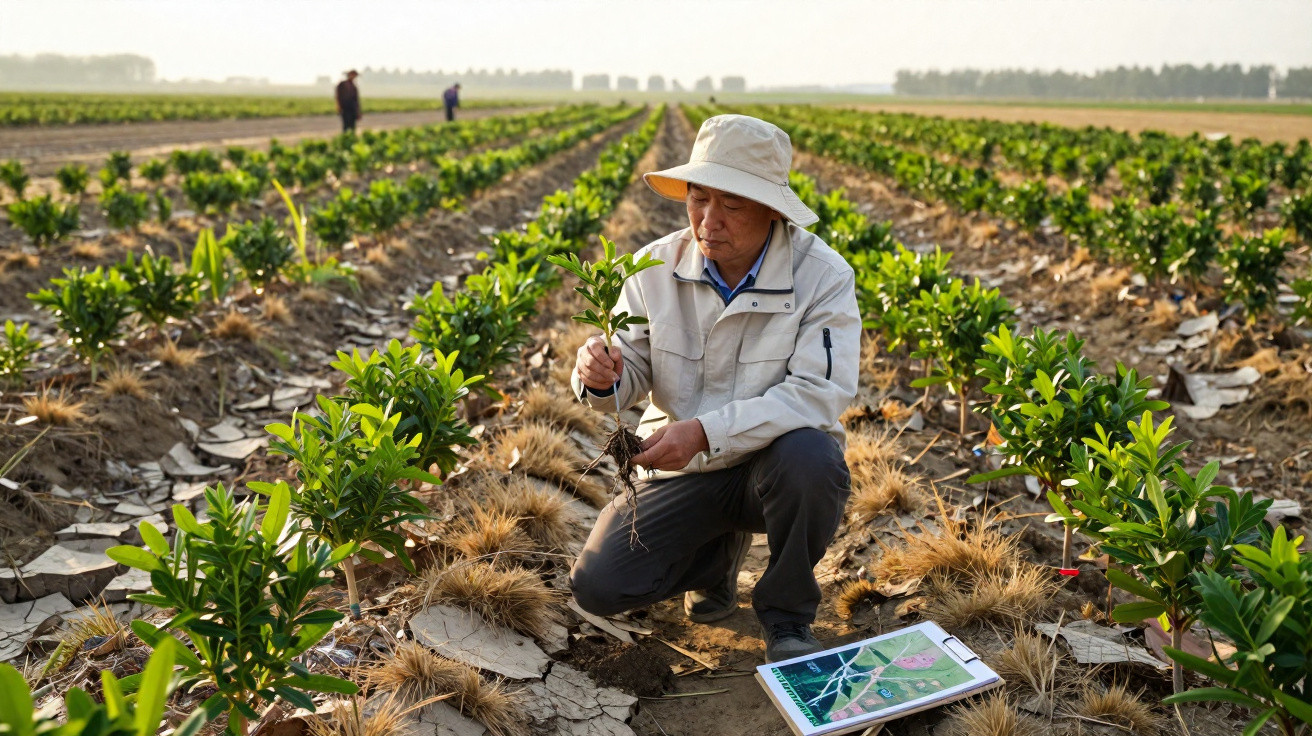 Agricultor examinando muda de planta em campo agrícola com tablet ao chão durante o dia.